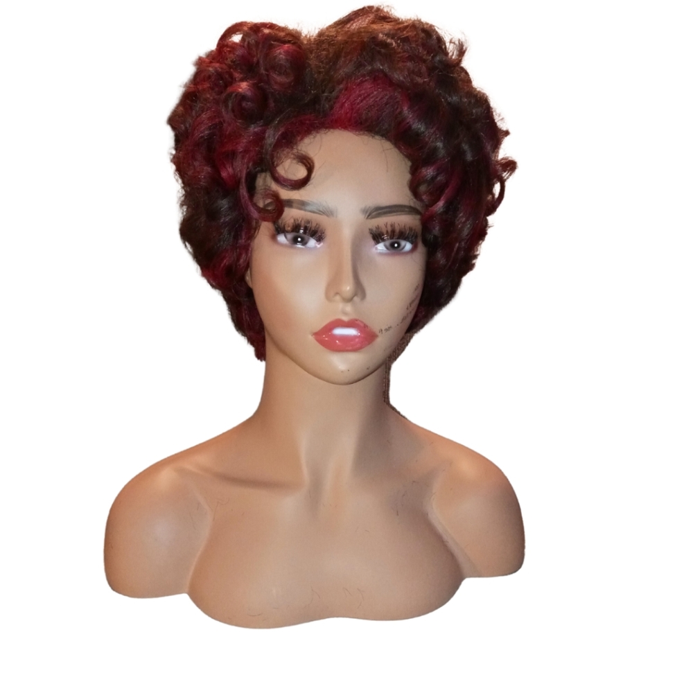 Streakz | Black and Red Curly Bob Human Hair Wig, wigs | via Instant Detailz